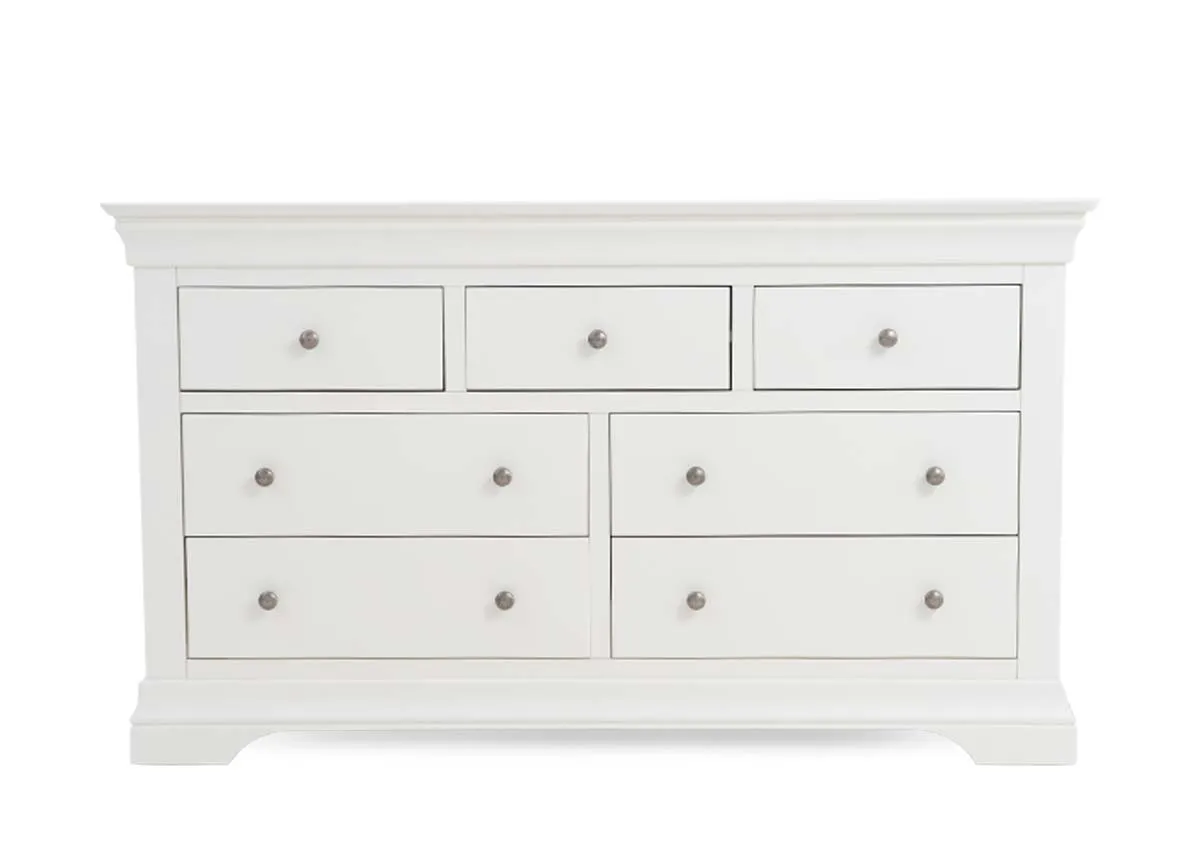 A 7 drawer dresser in white from EZ Livings Dove range. Front view