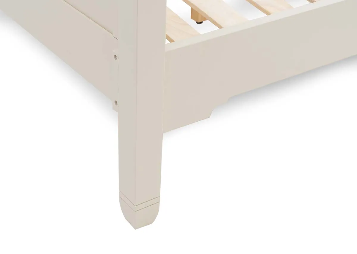 A 5ft cream bedframe from EZ Livings Dawn range. End view of headboard with fabric panel.