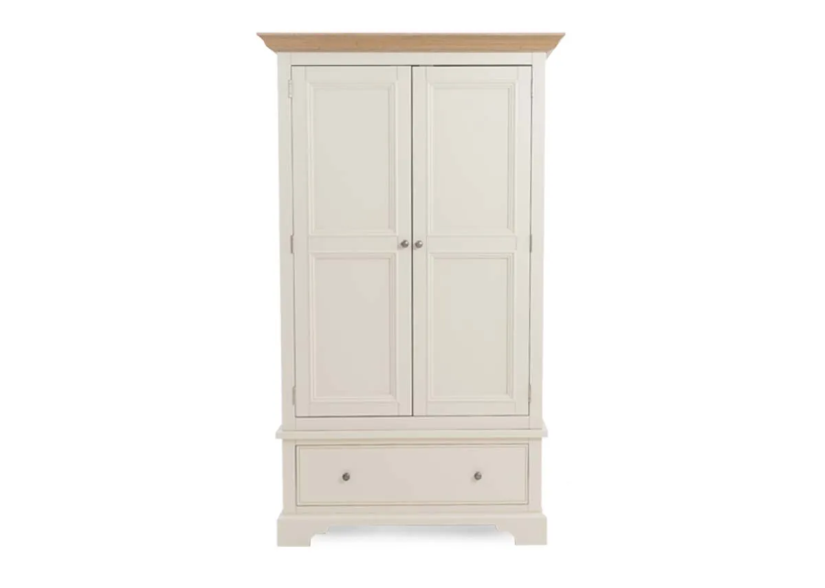 A 2 door cream wardrobe from EZ Livings Dawn range. Front view