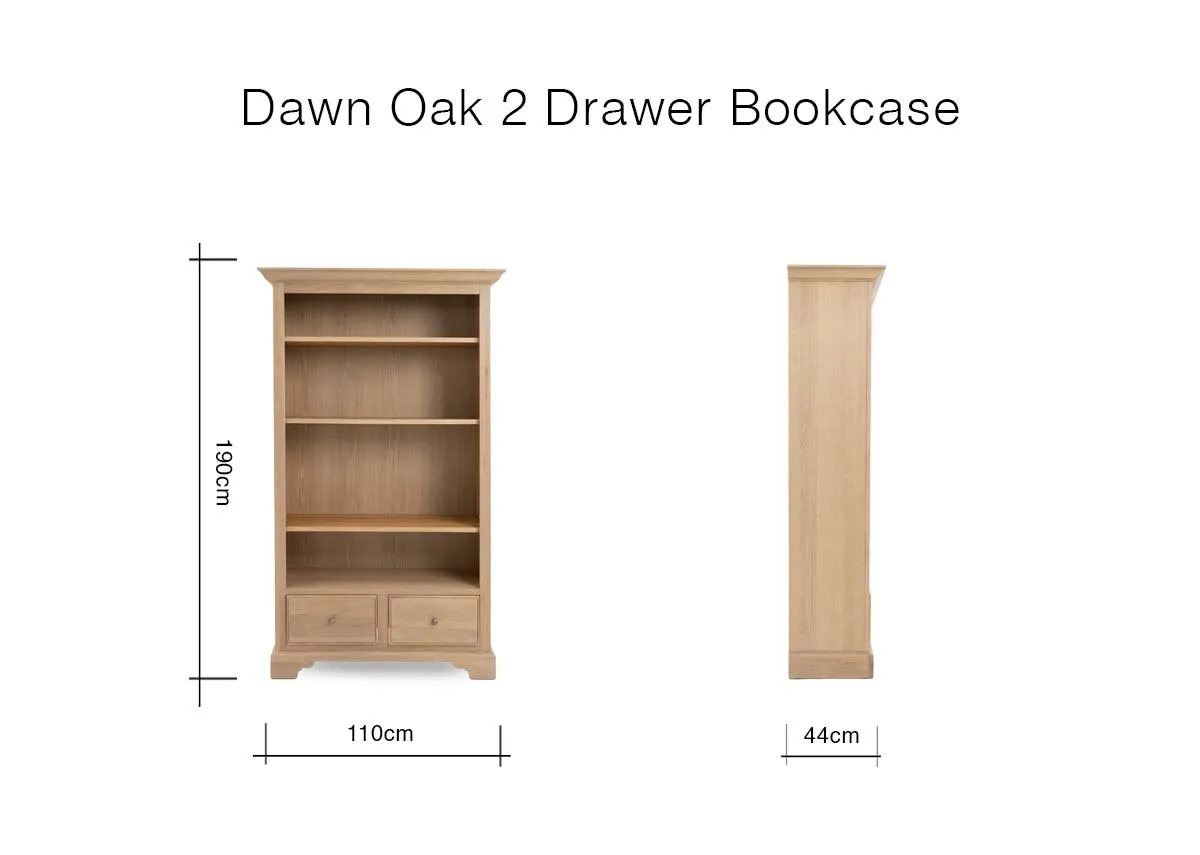 A dimension image of the Dawn Oak 2 Drawer Bookcase with 110cm x 190cm x 44cm