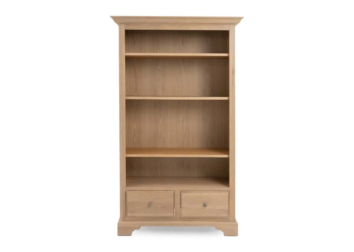 A 2 drawer oak bookcase with 4 shelves from EZ Livings Dawn range. Front view