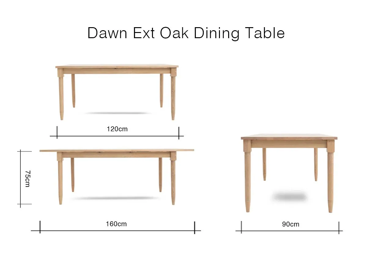 A dimension image of the Dawn Extendable Table with 120-160cm x 90cm x 76cm