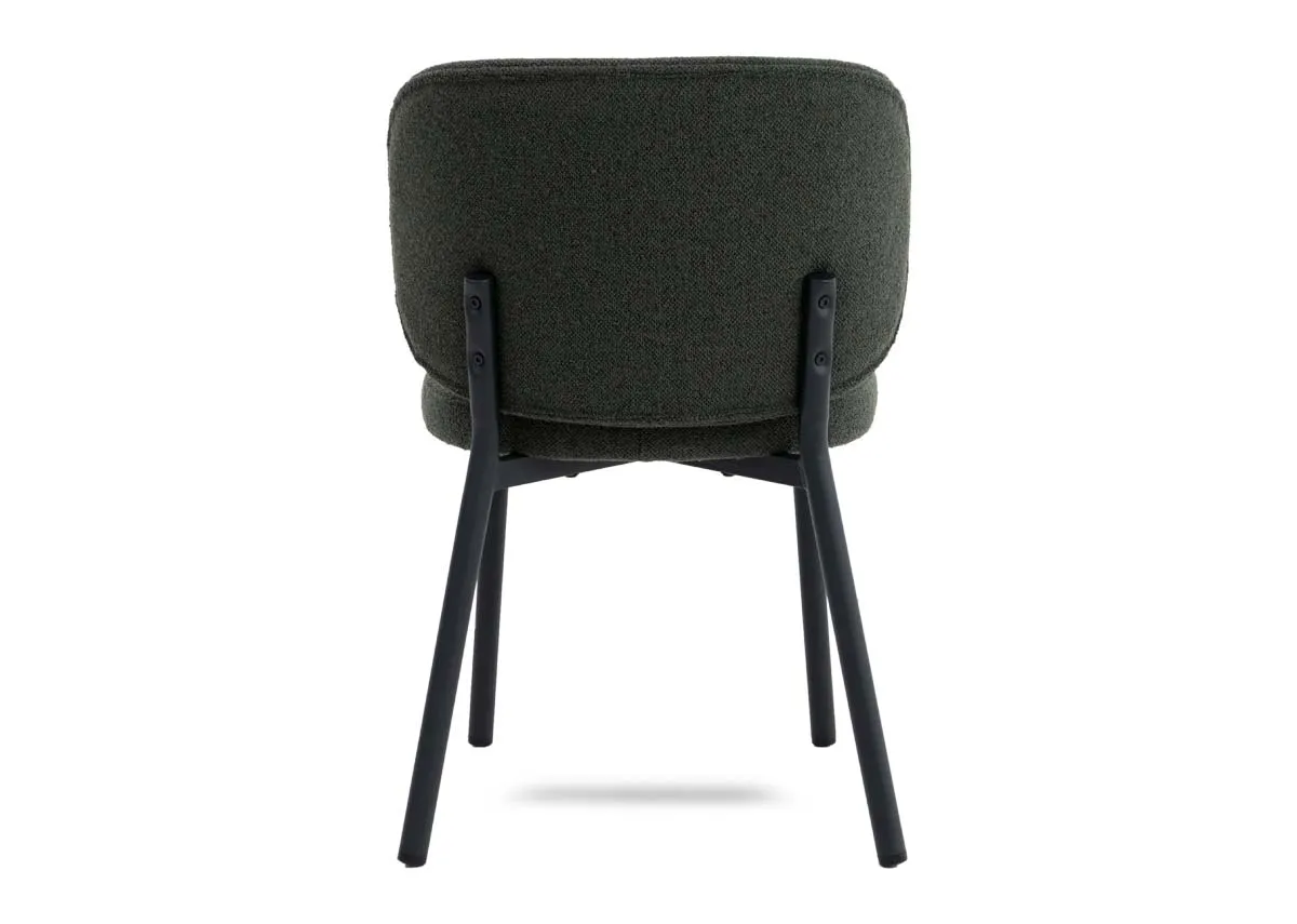 A green boucle fabric dining chair from EZ Livings Swan range. Back view
