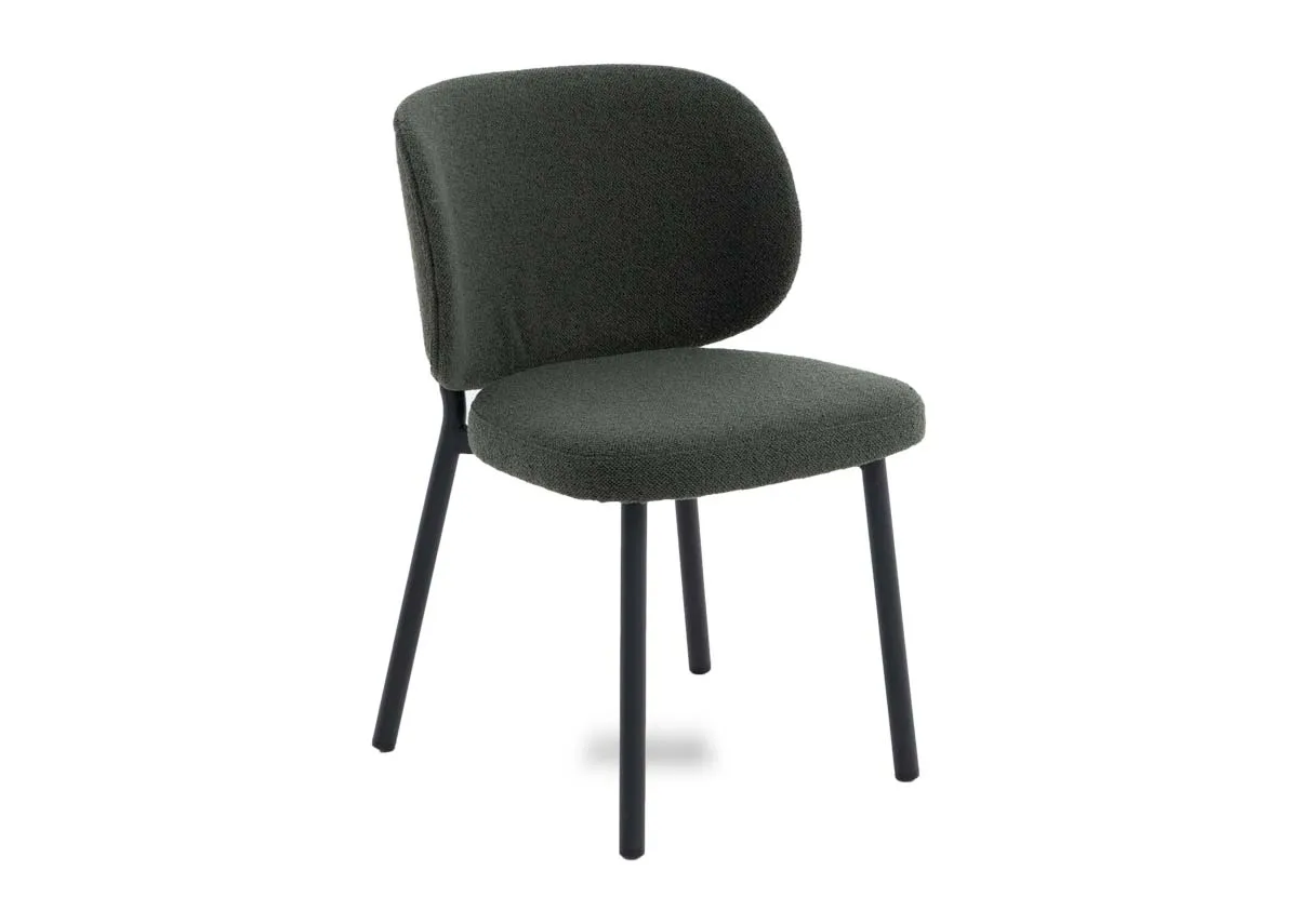 A green boucle fabric dining chair from EZ Livings Swan range. Angled view