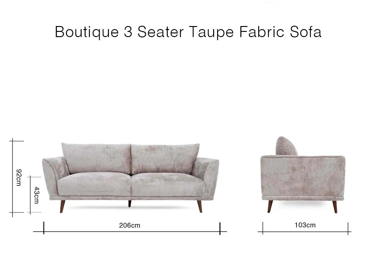 A dimension image of the Boutique sofa with 206cm x 103cm x 92cm