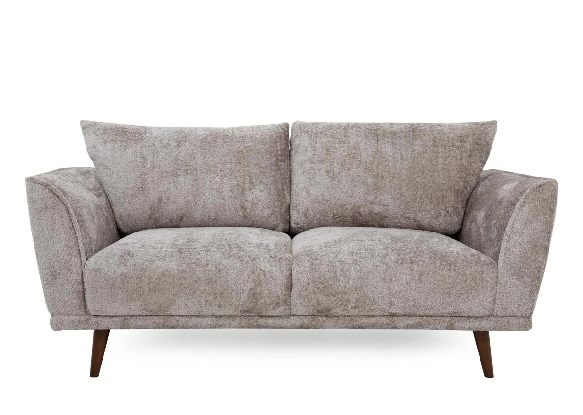 A 2 seater silver grey sofa from EZ Livings Boutique range. Front view of foam filled seat cushions