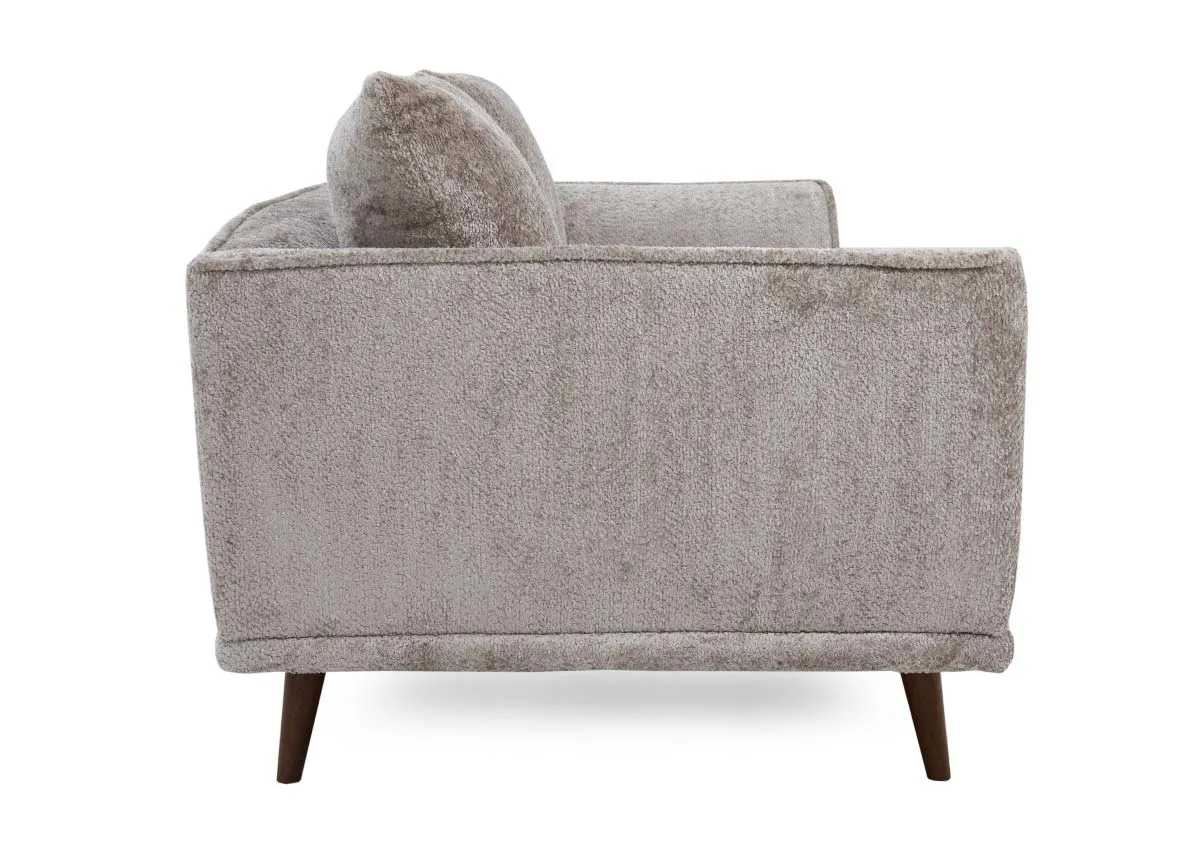 A 2 seater silver grey sofa from EZ Livings Boutique range. Side view of wide arms