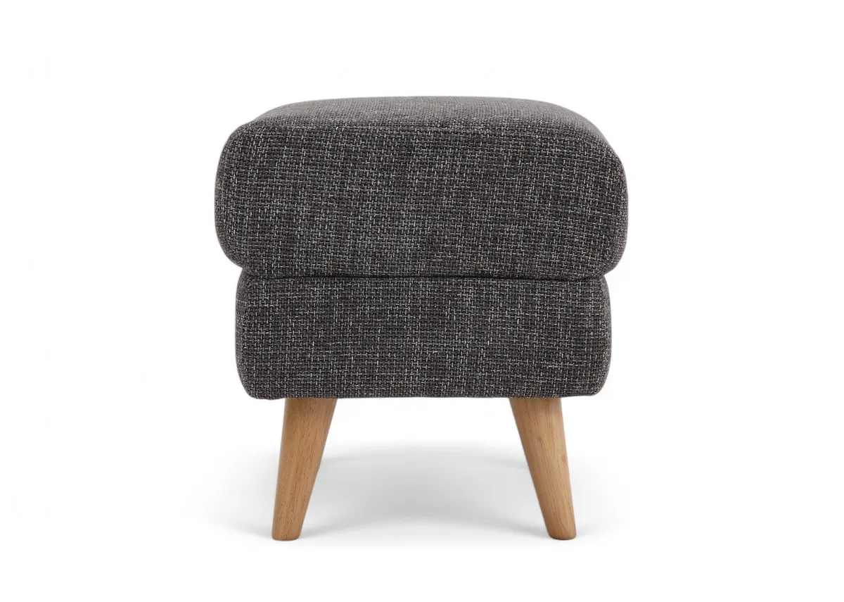 A square footstool with dark grey fabric padded seat from EZ Livings Harper range.Front view of thick padded seat