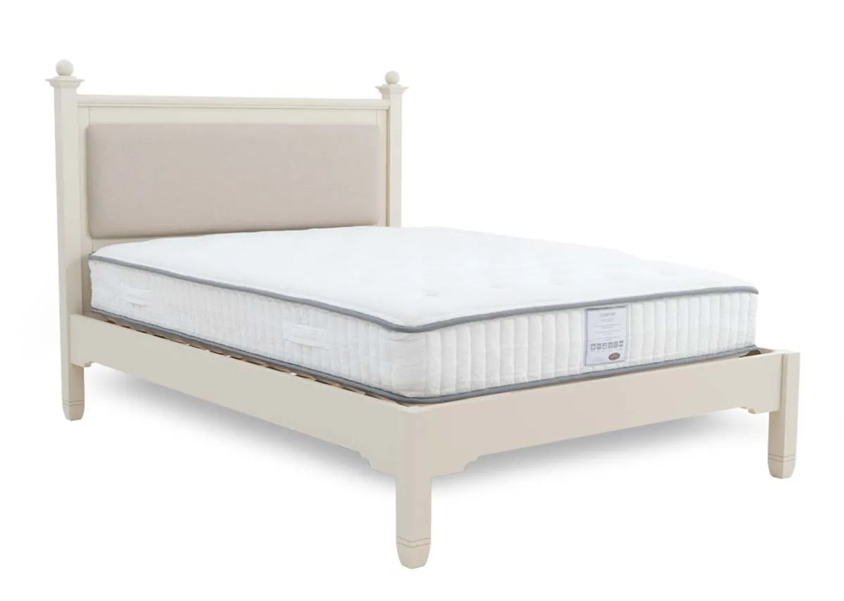 A 4ft cream bedframe from EZ Livings Dawn range. Angled view of bed with mattress not included.