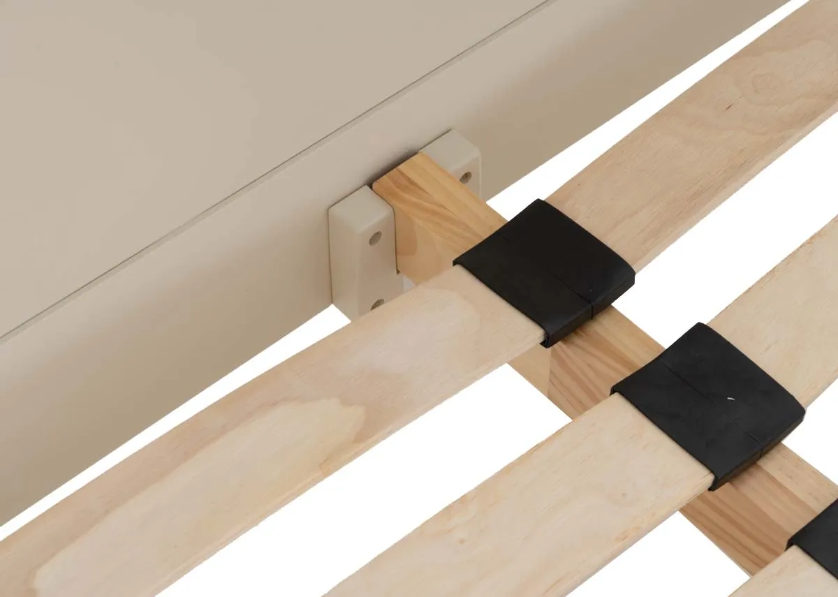 A 4ft cream bedframe from EZ Livings Dawn range. Closeup of slat wood frame