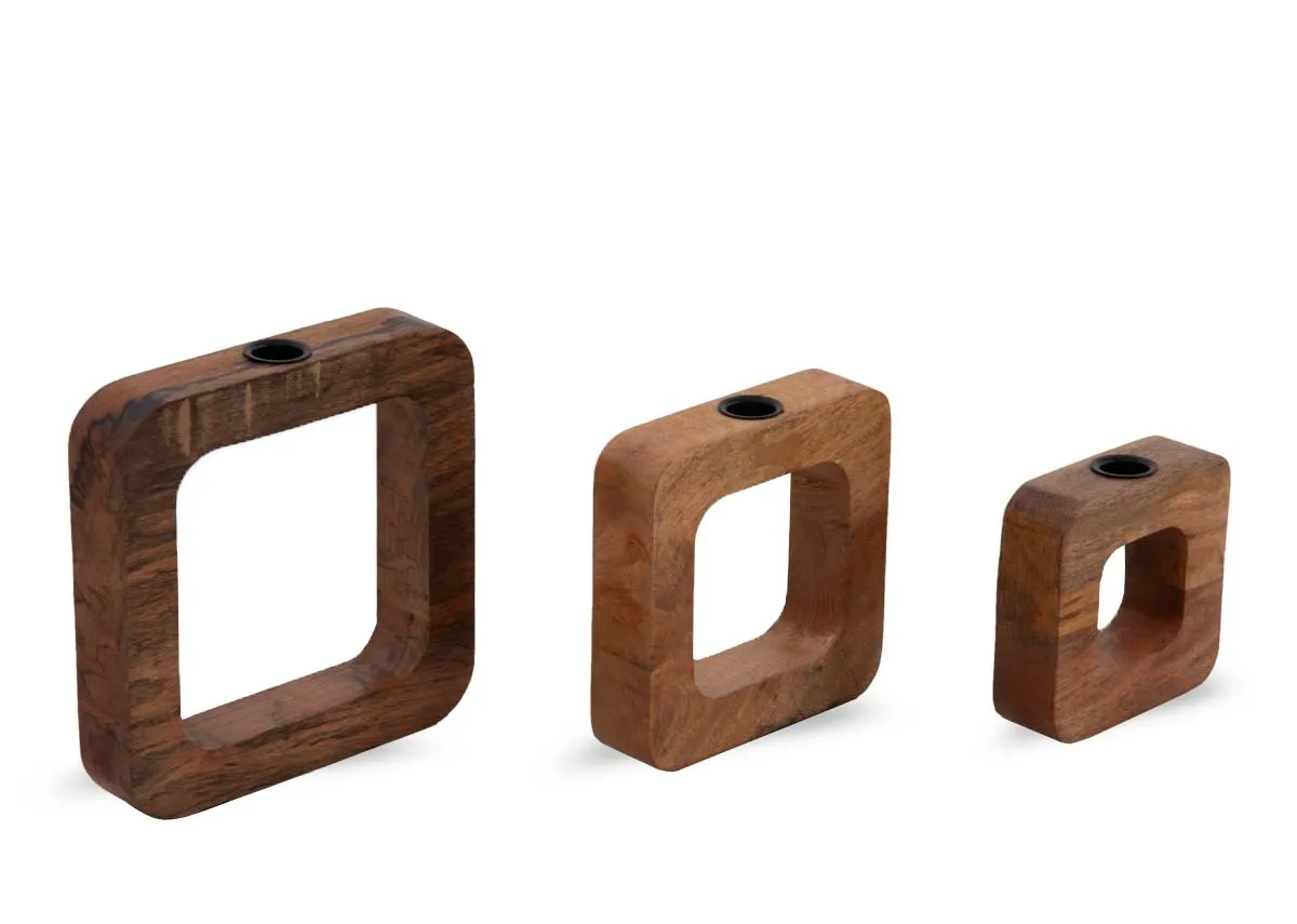 Set of 3 Square Wooden Candle Holders - Asher
