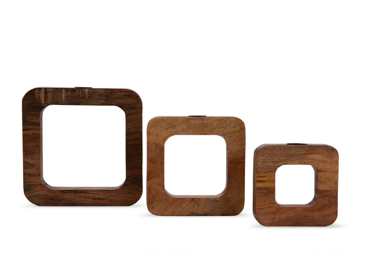 A set of 3 wooden square candle holders from EZ Livings Asher range. Closeup of wood finish.