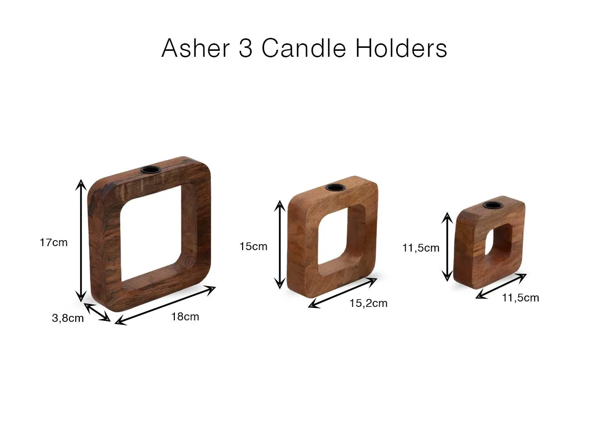 A set of 3 wooden square candle holders from EZ Livings Asher range.Front view of 3 sizes