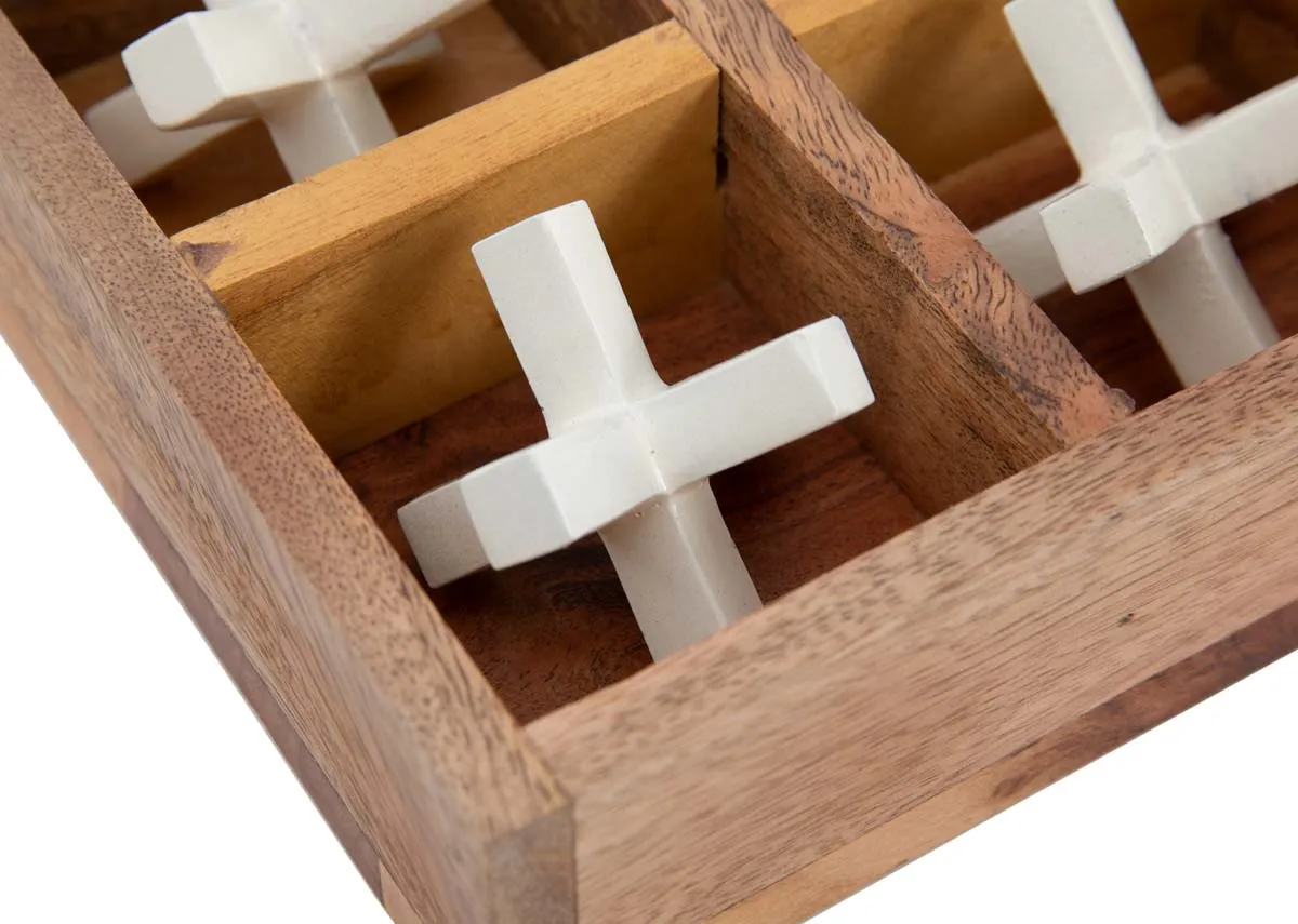 A natural wood box with white tik tac toe ornaments inserts from EZ Livings Home Decor range.Closeup of removable inserts
