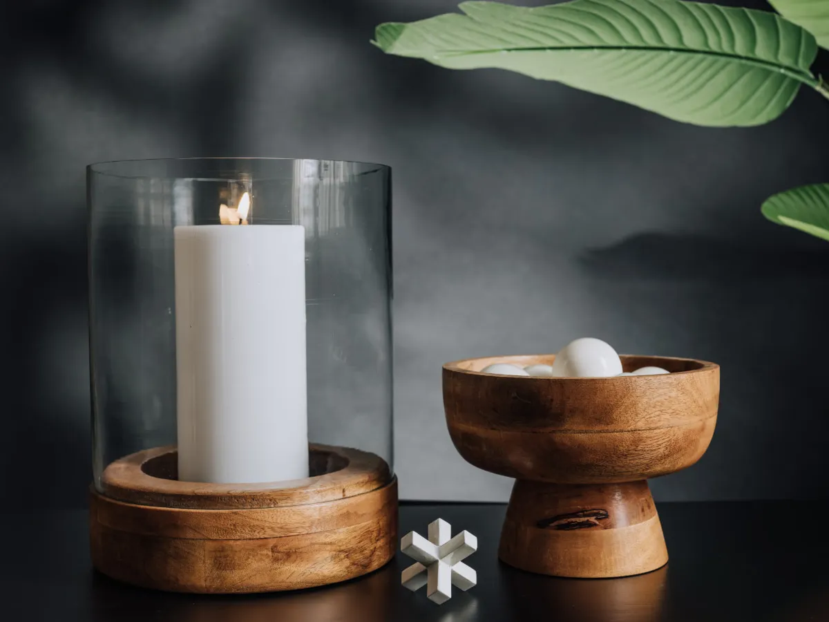 A lifestyle image of the Aurelia small bowl with the Viola candle holder