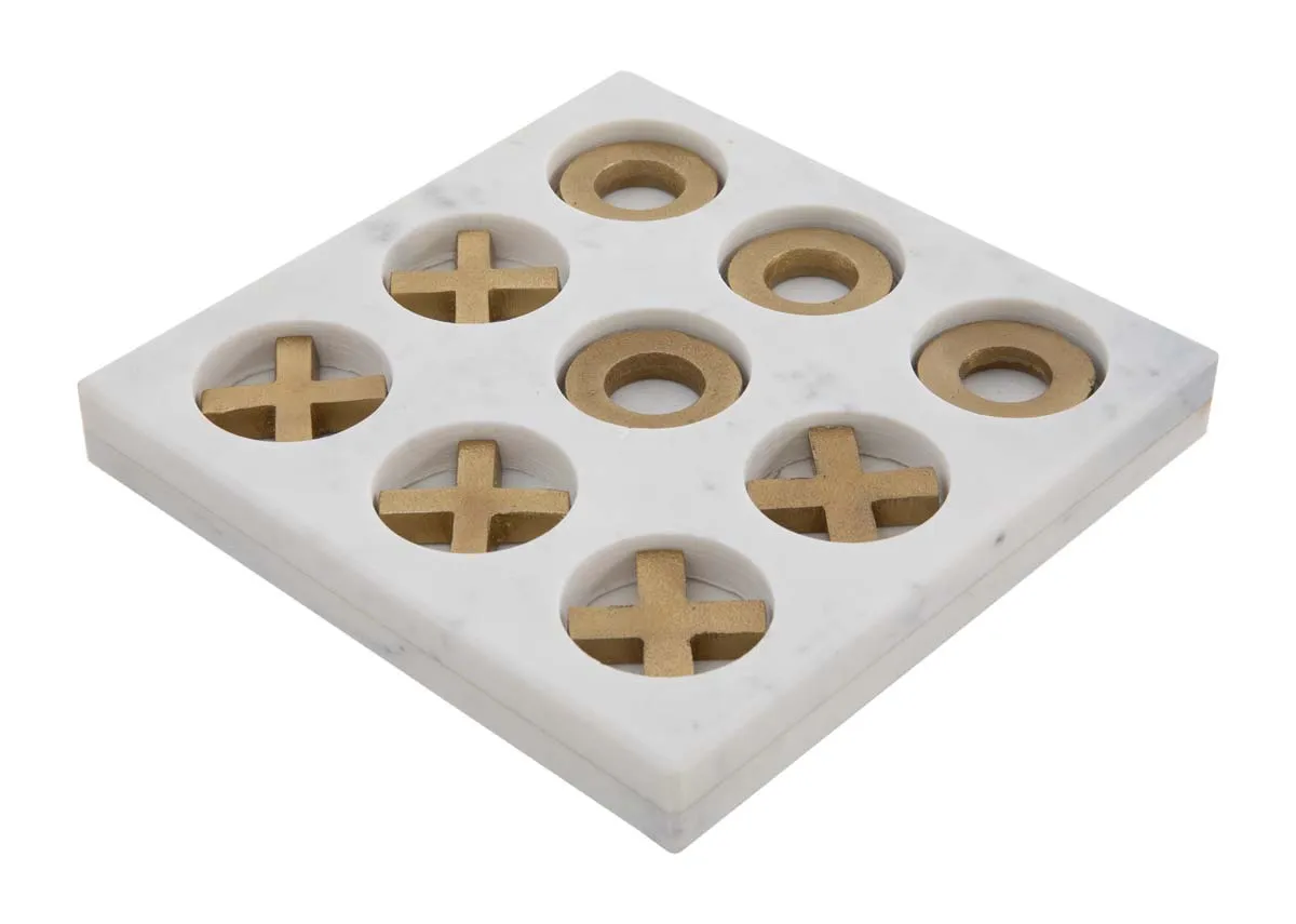 A white marble tik tac toe ornament with gold inserts from EZ Livings Home Decor range. Angled view.