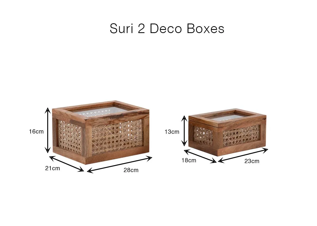 A dimension image of the Suri Deco Boxes with 25-26cm W x 18-21cm x 13-16cm H