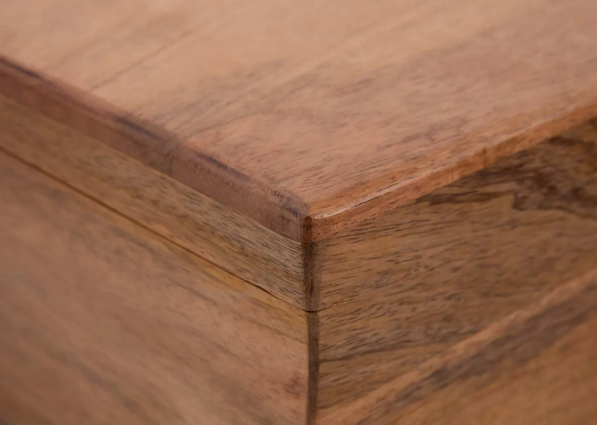 A set of 2 wood boxes in large and small from EZ Livings Jett ranges. Closeup up wood finish