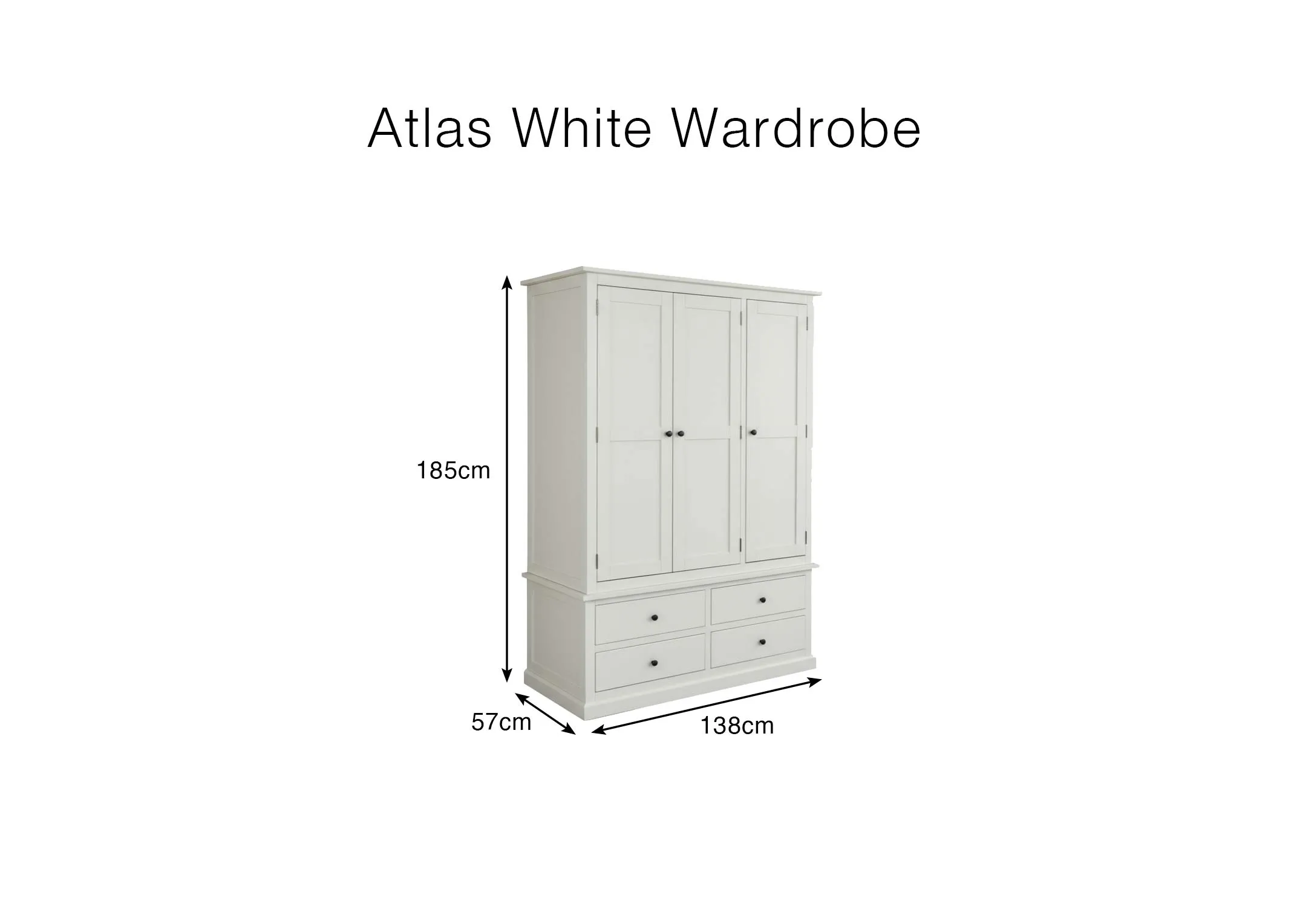A dimension image of the Atlas white wardrobe with 138cm x 185cm x 57cm