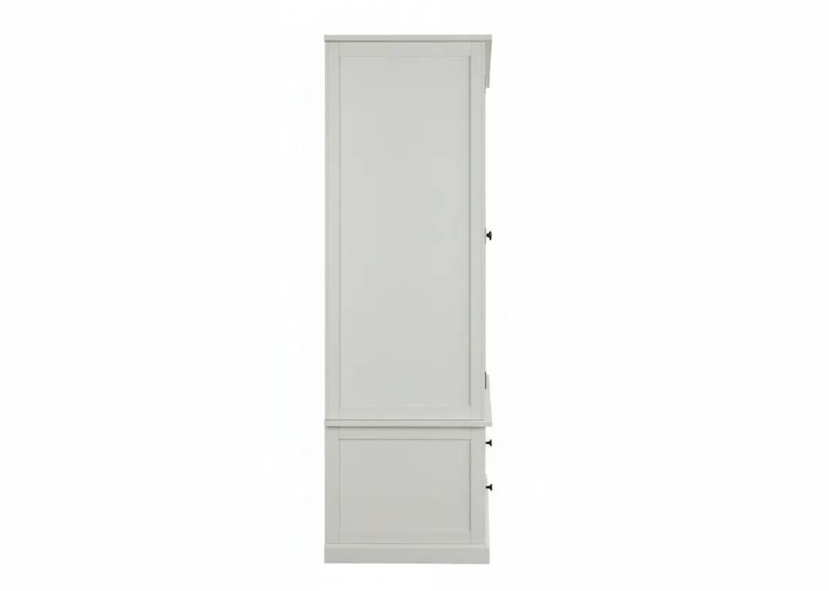A dimension image of the Atlas white wardrobe with 138cm x 185cm x 57cm