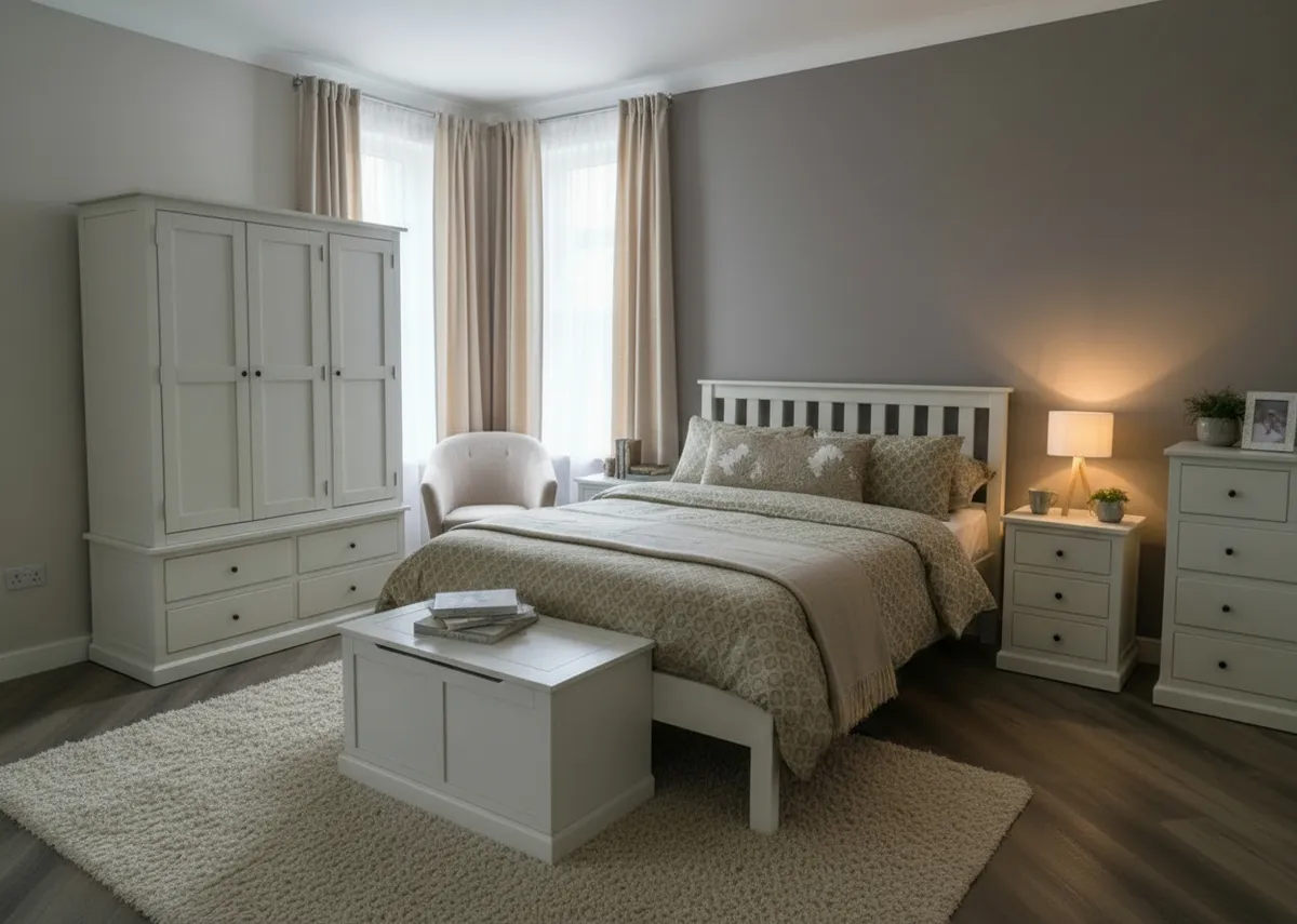 A lifestyle image of the Atlas White bed range with large wardrobe and blanket box.