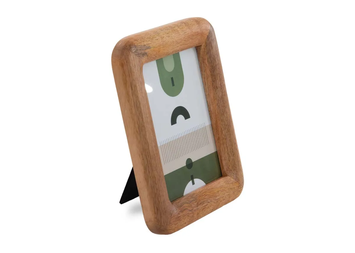 A natural wood photo frame with curved edges from EZ Livings Bowen range. Angled view