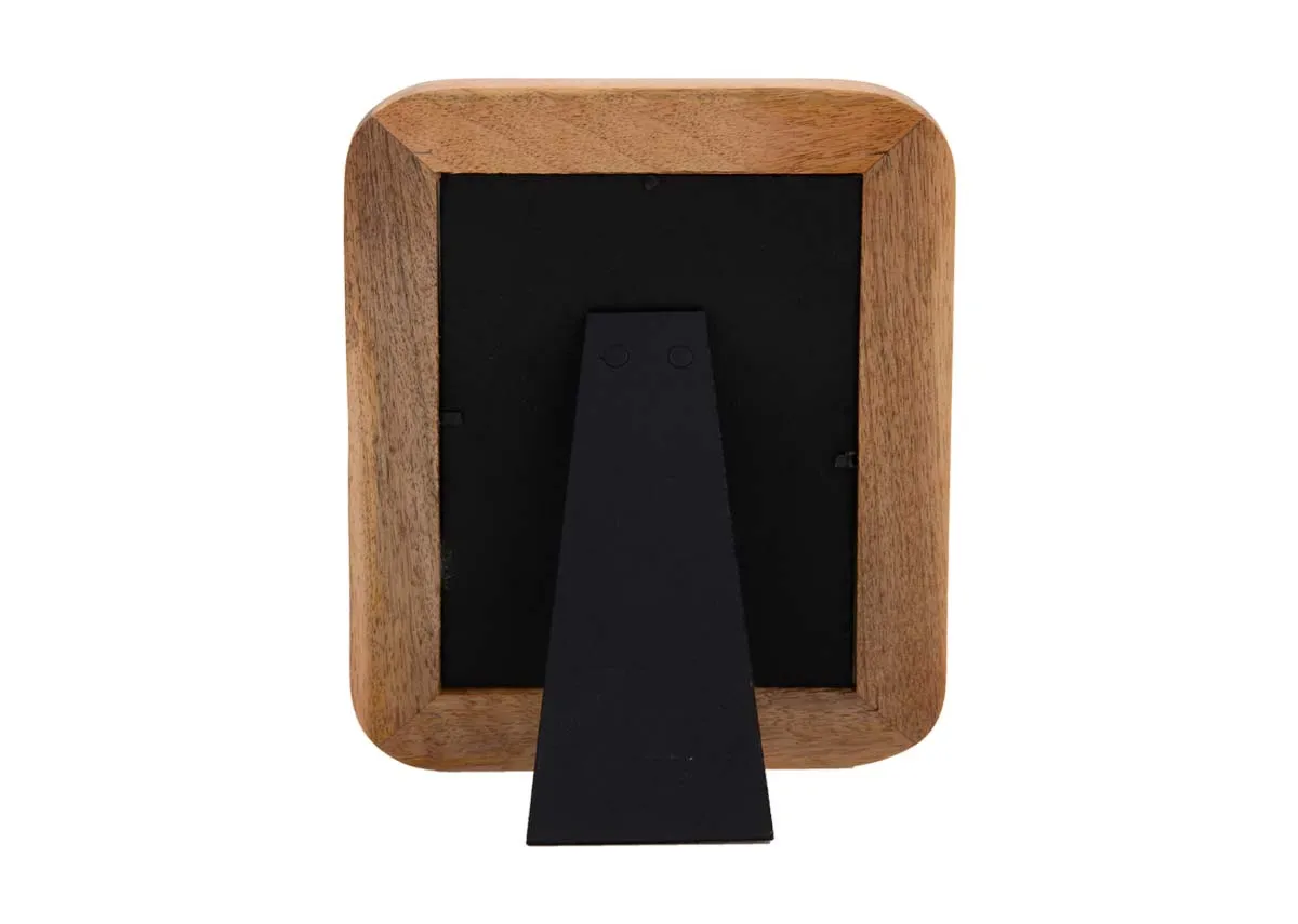 A natural wood photo frame with curved edges from EZ Livings Bowen range. Back view of black stand