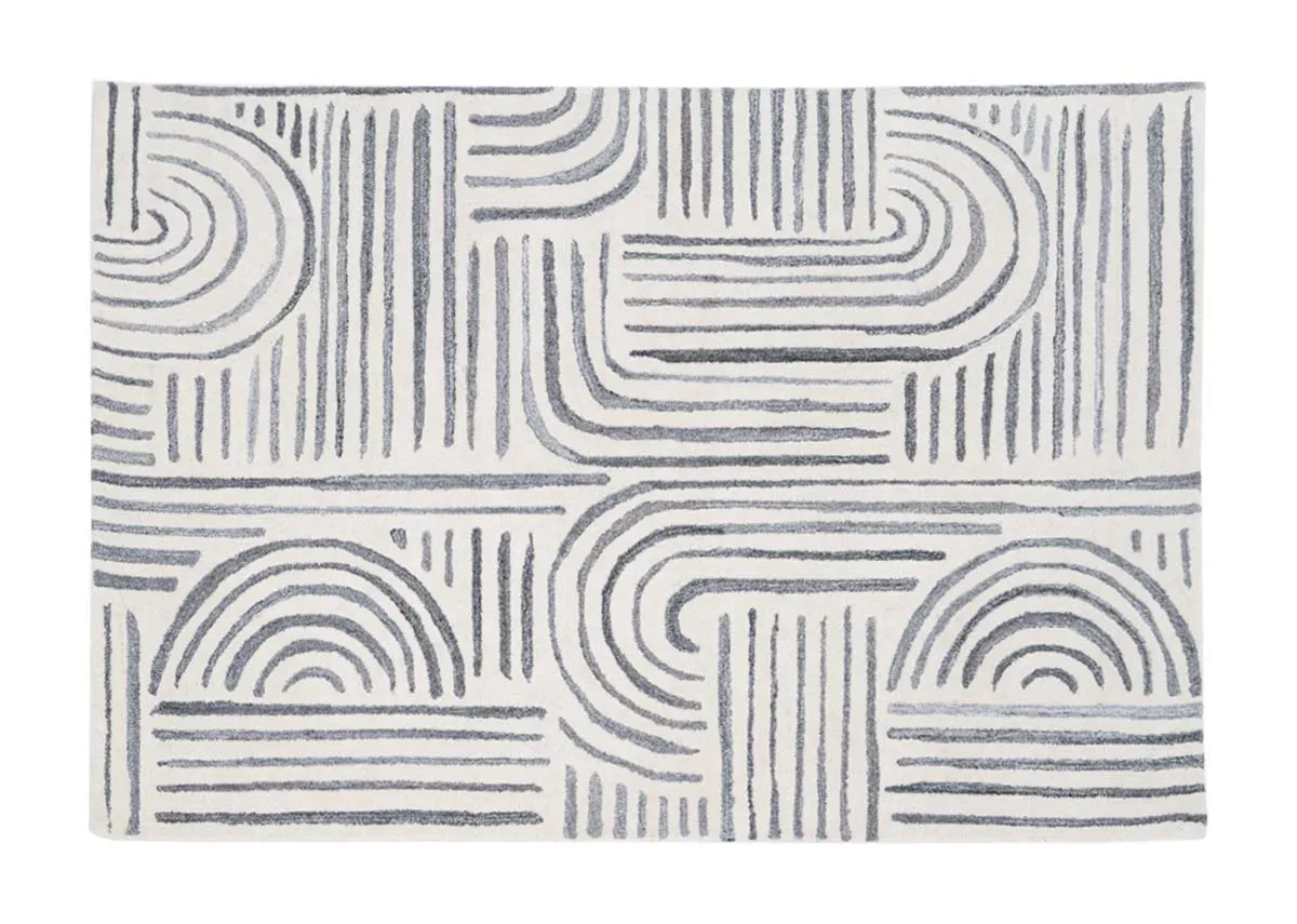 A grey ivory geometric design rug from EZ Livings Orlando range. Front view of textile