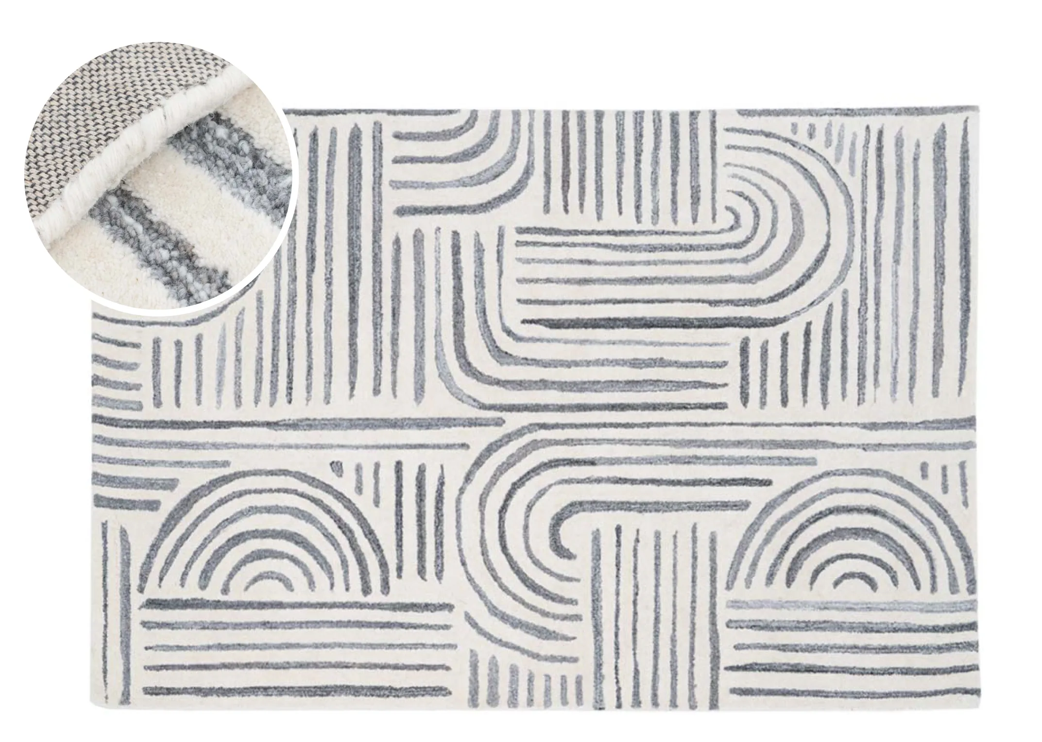 A grey ivory geometric design rug from EZ Livings Orlando range. Front view with closeup on design.