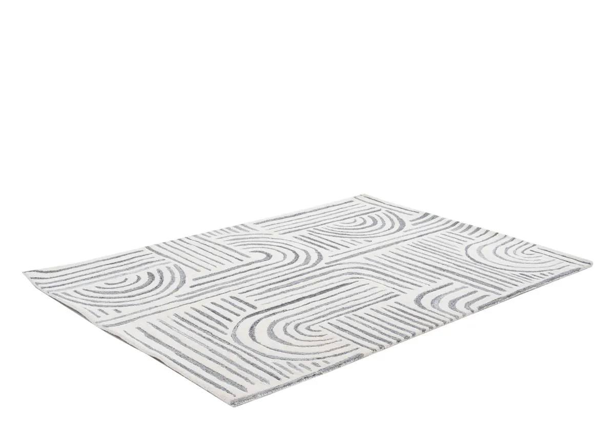 A grey ivory geometric design rug from EZ Livings Orlando range. Angled view