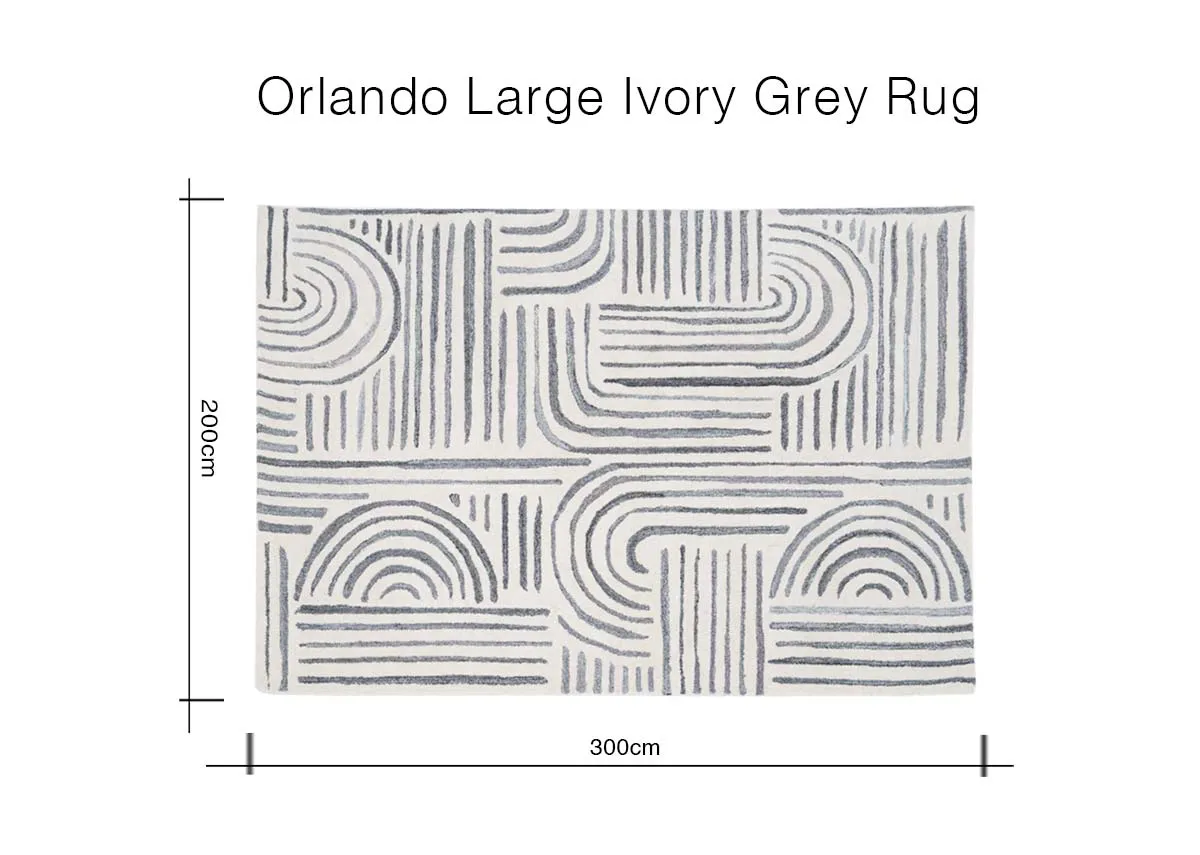 A dimension image of the Orlando rug with 290cm x 200cm