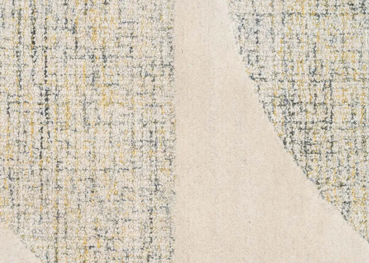 A round natural rug with 3 semi circle shapes in centre from EZ Livings Louisville range. Closeup of print