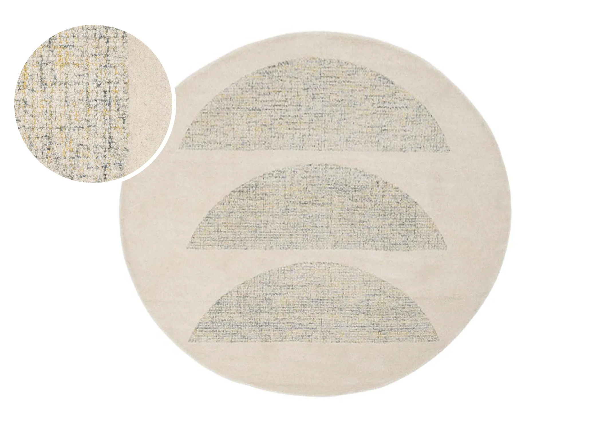 A round natural rug with 3 semi circle shapes in centre from EZ Livings Louisville range. Front view