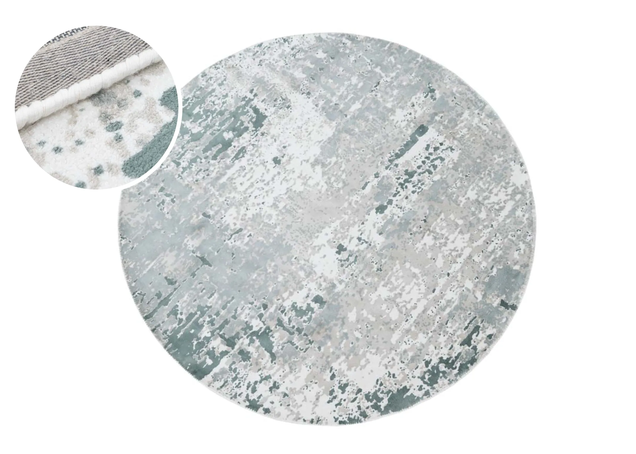 A round green and ivory rug from EZ Livings Modesto range. Front view of distressed pattern.