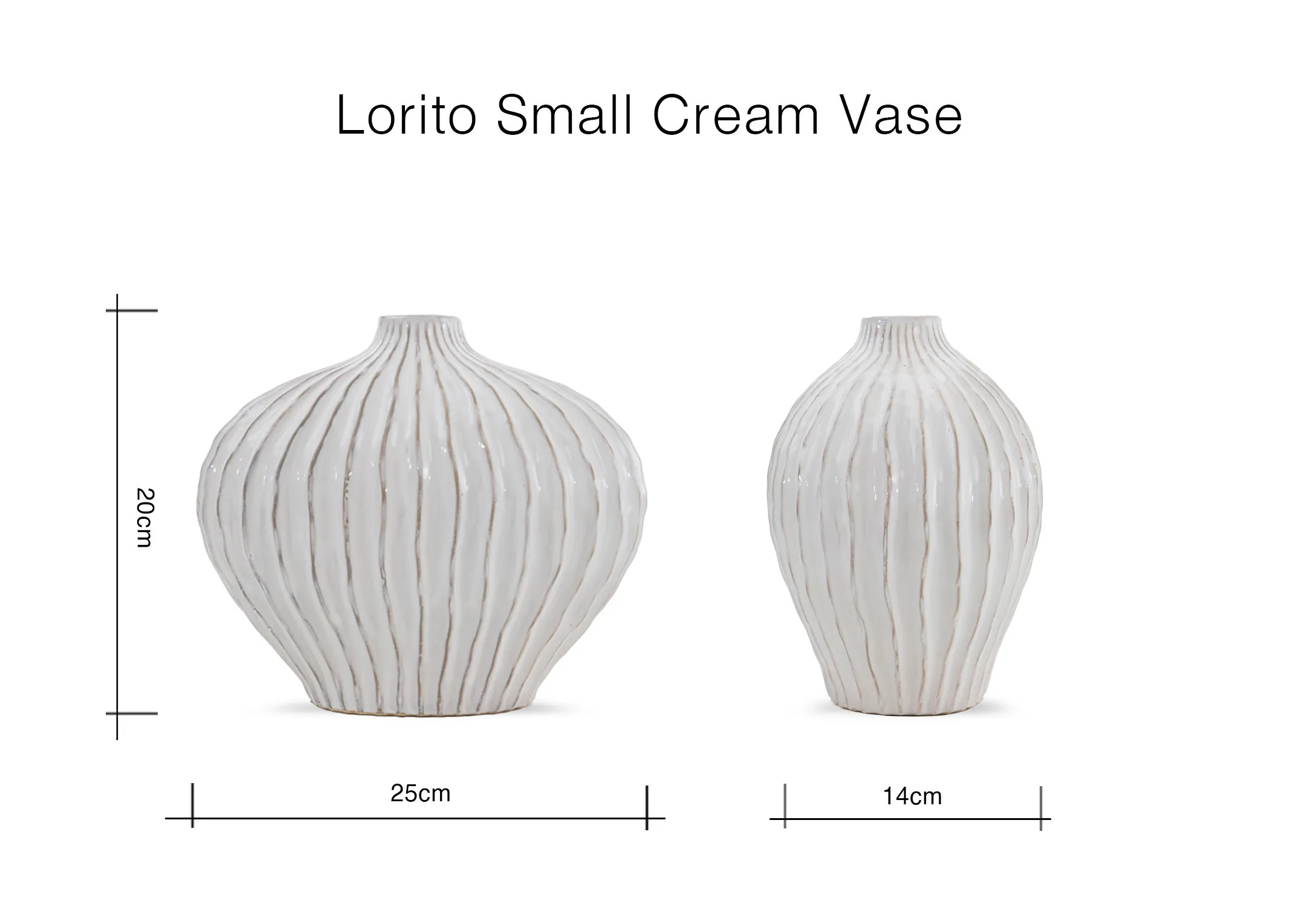 A dimension image of the Lorito Small Vase with 25cm x 14cm x 20cm