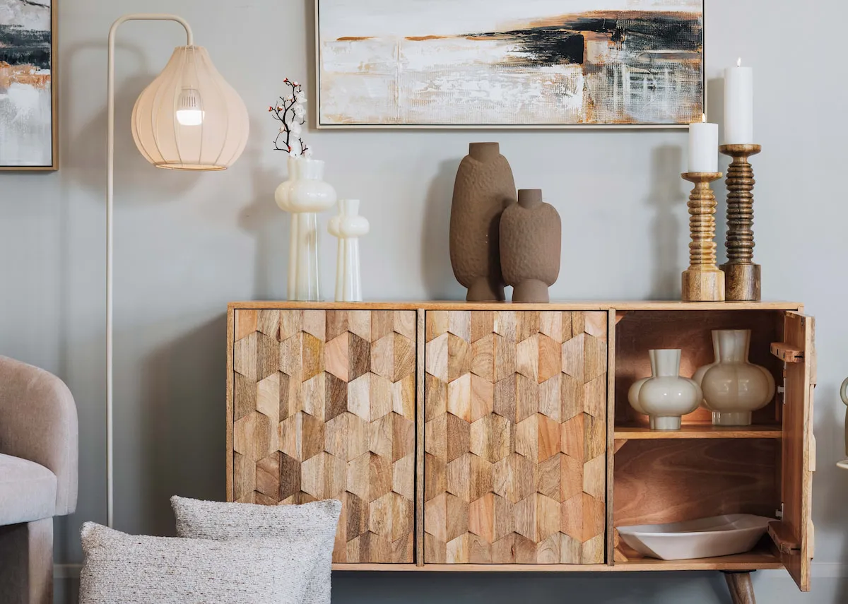 A lifestyle sideboard with a selection of the light & living vases including the Kortosi vases.