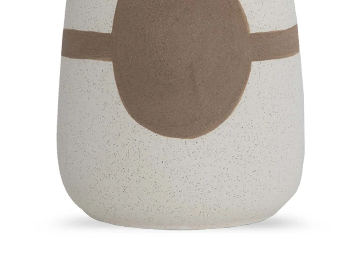 A cream accent wide base vase with a brown painted circle & line from EZ Livings Dani range. Closeup of cream textured vase