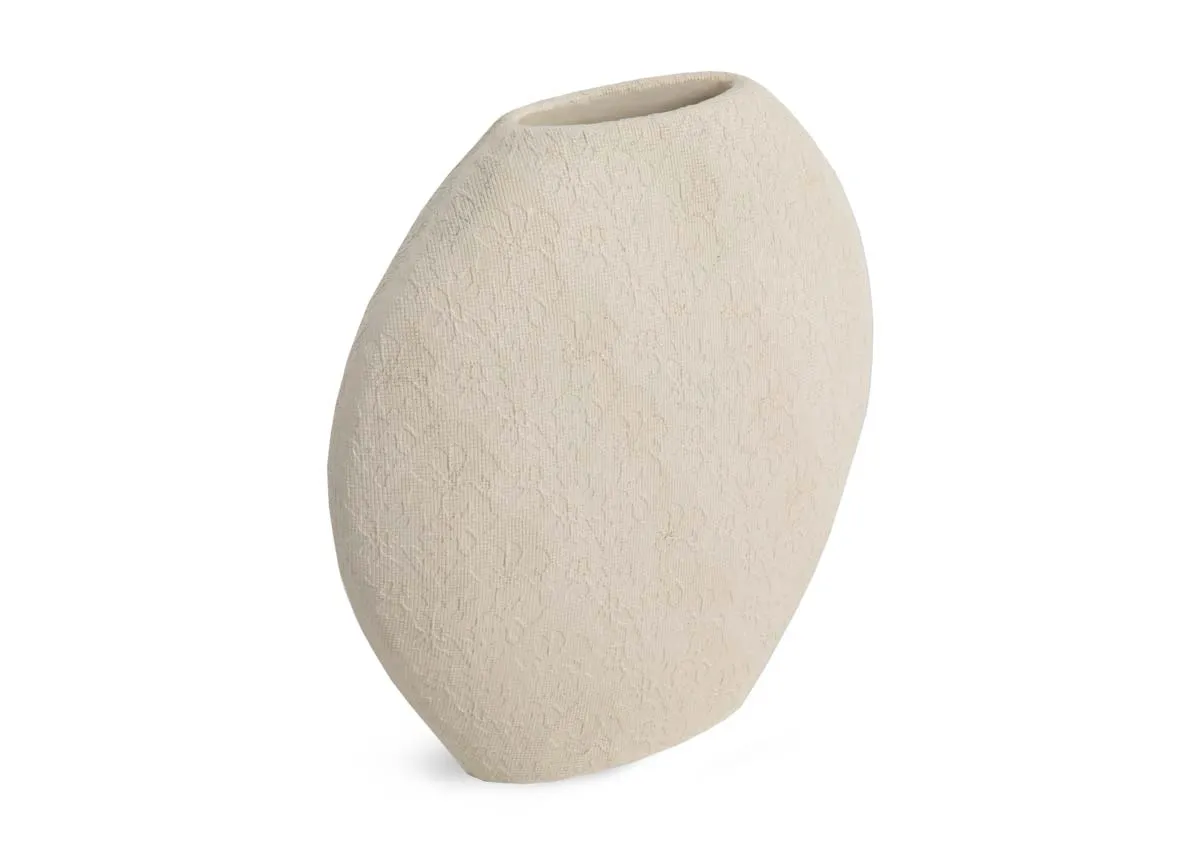 a wide round cream vase from EZ Living Furnitures Renda range. Angled view