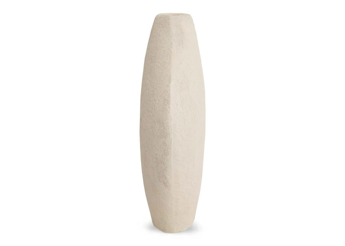 a wide round cream vase from EZ Living Furnitures Renda range. Side view shows flat depth