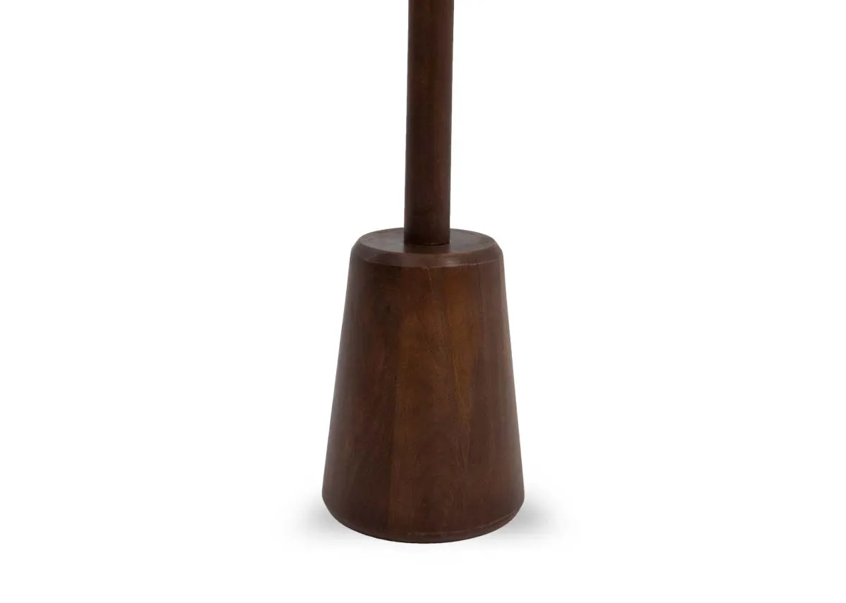 A dark wood hat stand with 4 prongs from EZ Livings Yenice range. Closeup of sturdy base