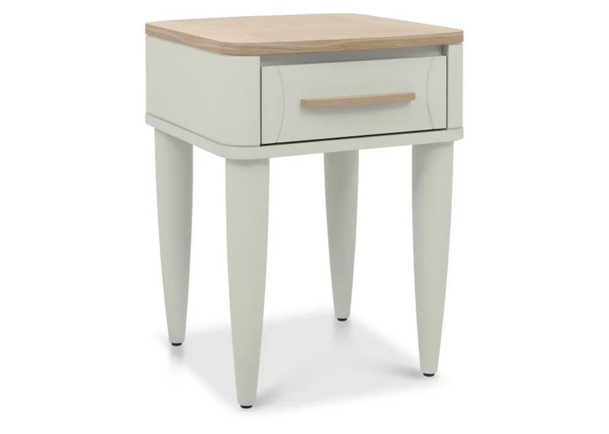 A grey and oak lamp table from EZ Livings Larsen range. Angled view.