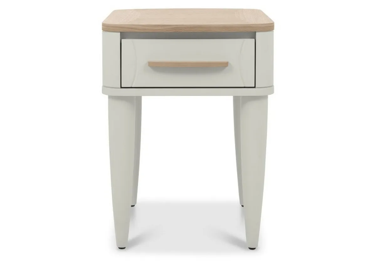 A grey and oak lamp table from EZ Livings Larsen range. Front view