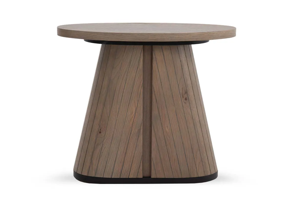 An oval lamp table in grey oiled oak from EZ Livings Vega range. Front view