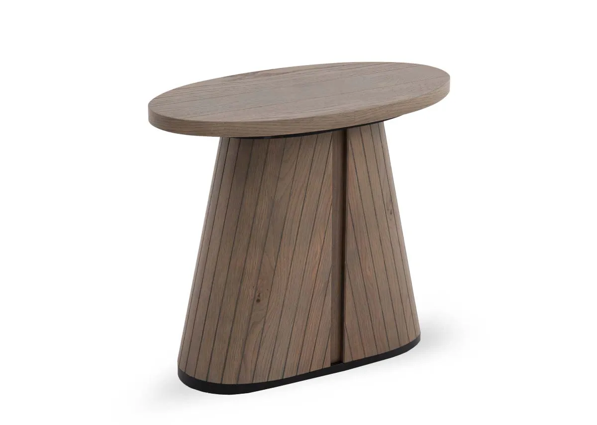 An oval lamp table in grey oiled oak from EZ Livings Vega range. Angled view