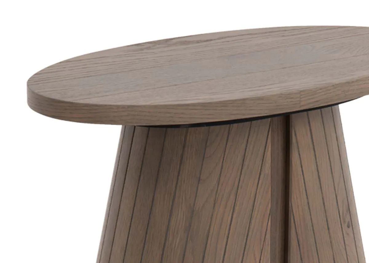 An oval lamp table in grey oiled oak from EZ Livings Vega range. Closeup of grey oak finish