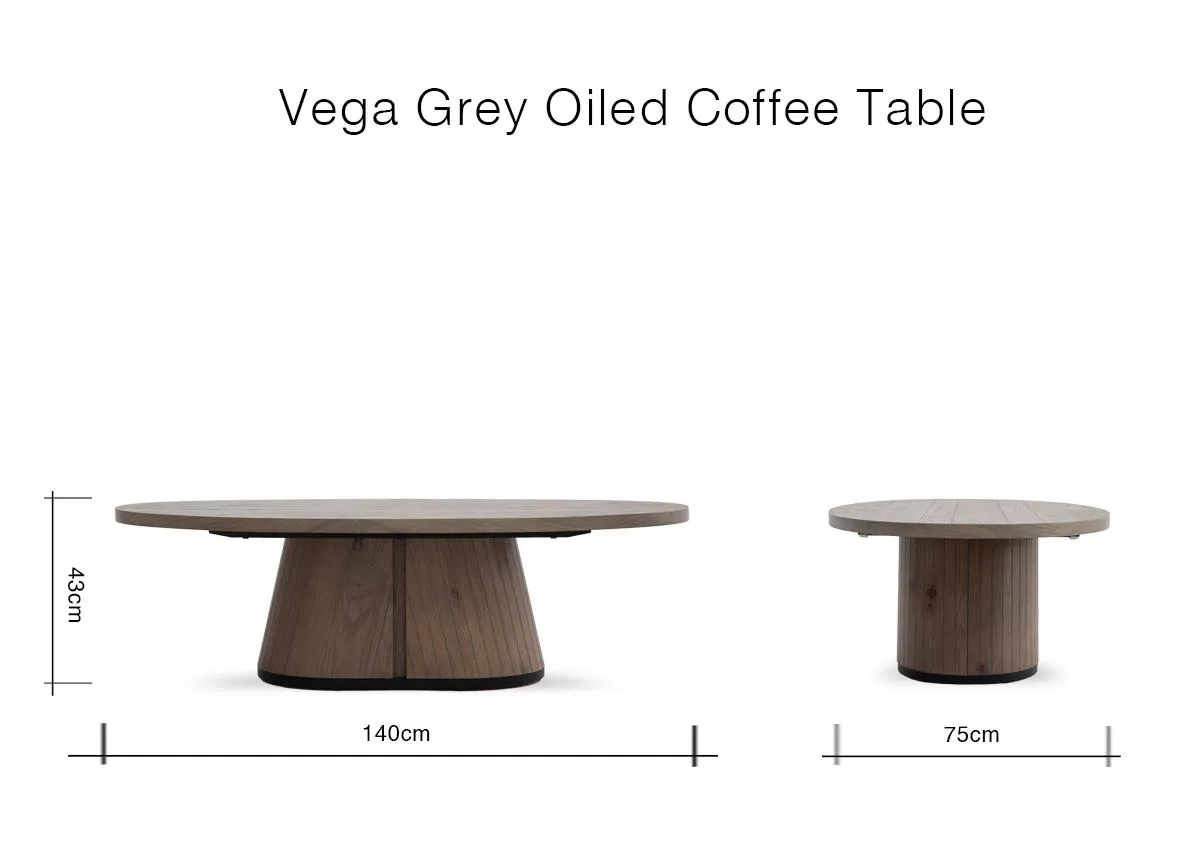 A dimension image of the Vega Grey Oiled Coffee Table with 140cm x 75cm x 43cm