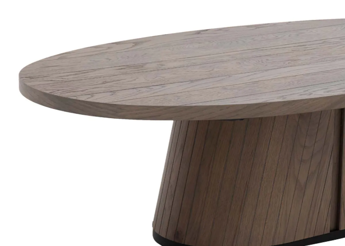 An oval coffee table in grey oiled oak from EZ Livings Vega range.Closeup of pallet style finish