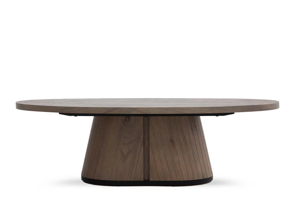 An oval coffee table in grey oiled oak from EZ Livings Vega range. Front view of thick pedestal base