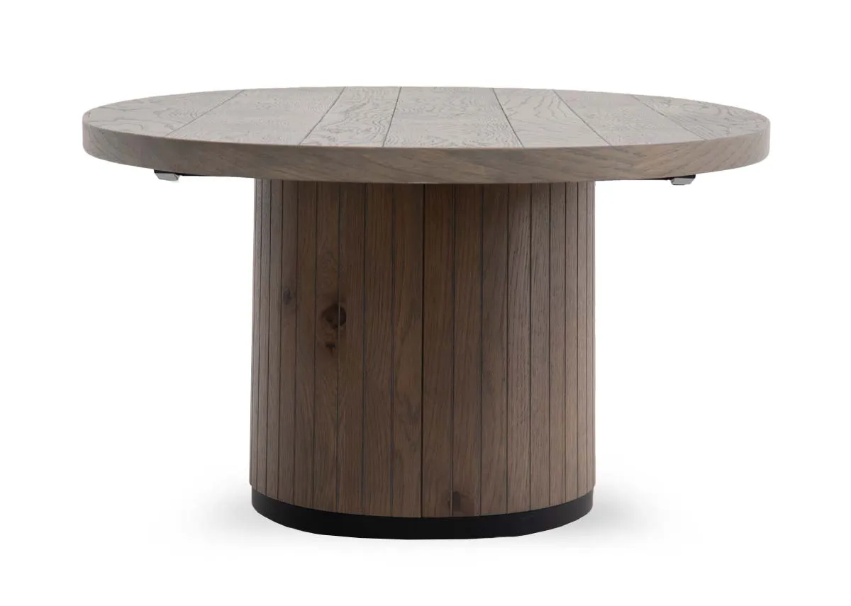 An oval coffee table in grey oiled oak from EZ Livings Vega range. Front view