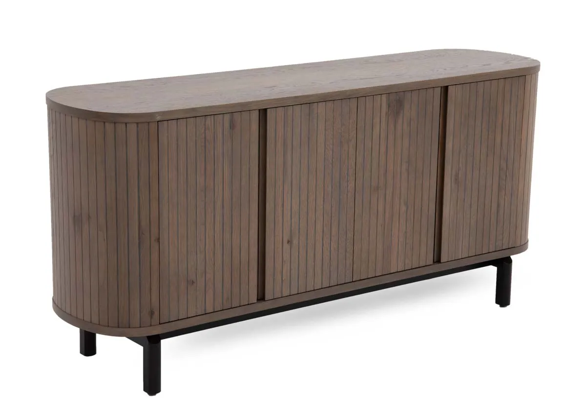 A wide grey oak sideboard with panel finish from EZ Livings Vega range. Angled view of curved cabinet